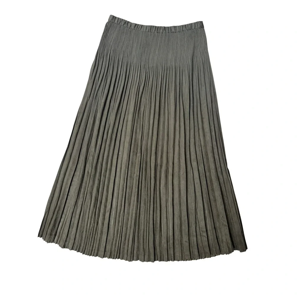 Coldwater Creek Olive Green Faux Suede Accordion Pleated Maxi Skirt Womens S 6-8